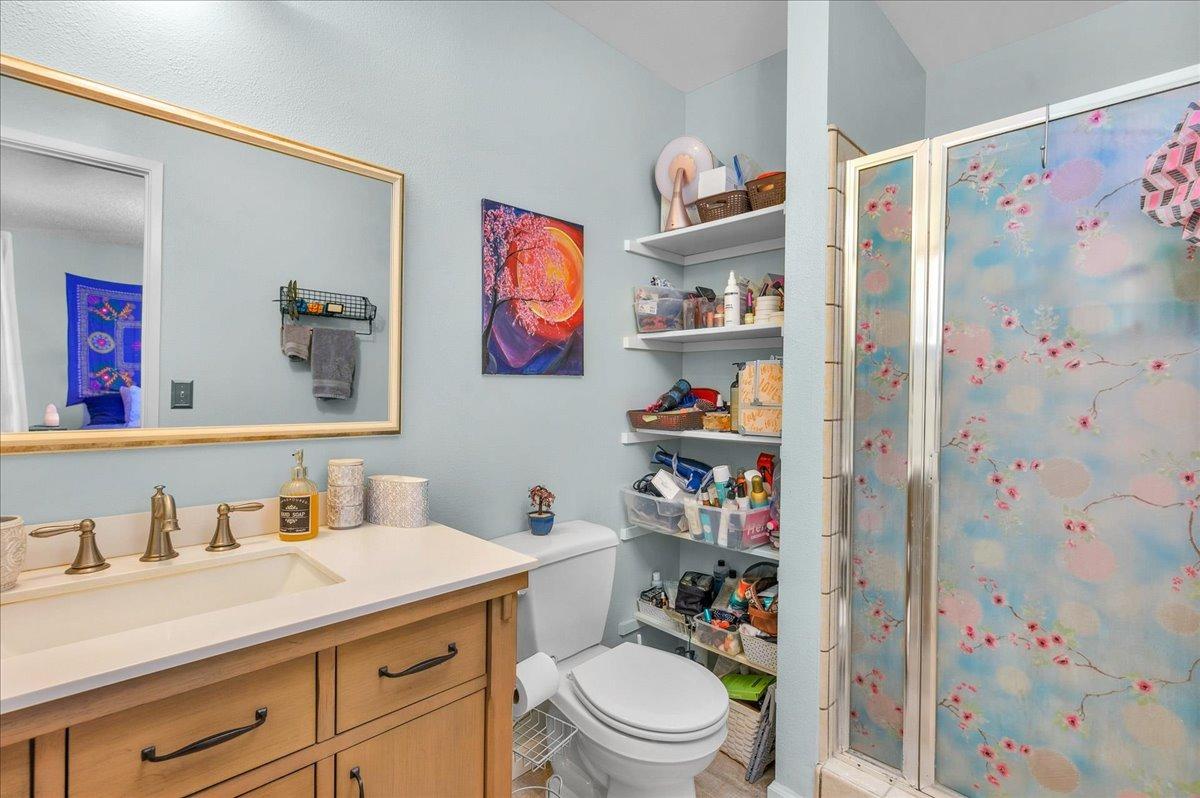 26982 Twin Ponds Road Clovis, CA 93619 - Photo 26 of 48 a bathroom with a sink a toilet and a shower curtain