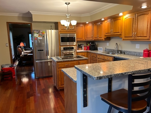 5833 South Skare Road Rochelle, IL 61068 - Photo 11 of 41 a kitchen with stainless steel appliances granite countertop a sink dishwasher stove and refrigerator with wooden floor