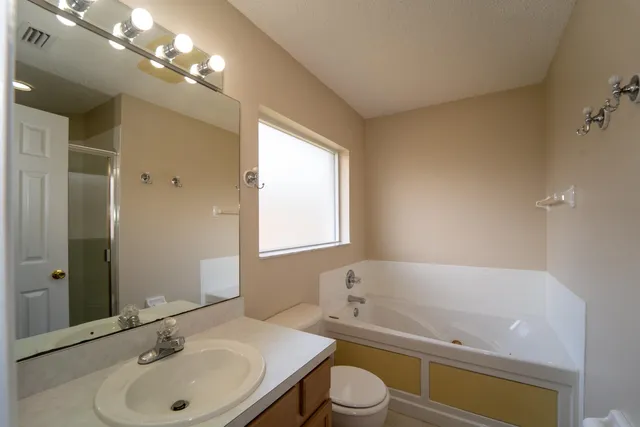 a bathroom with a bathtub a sink a toilet and a mirror