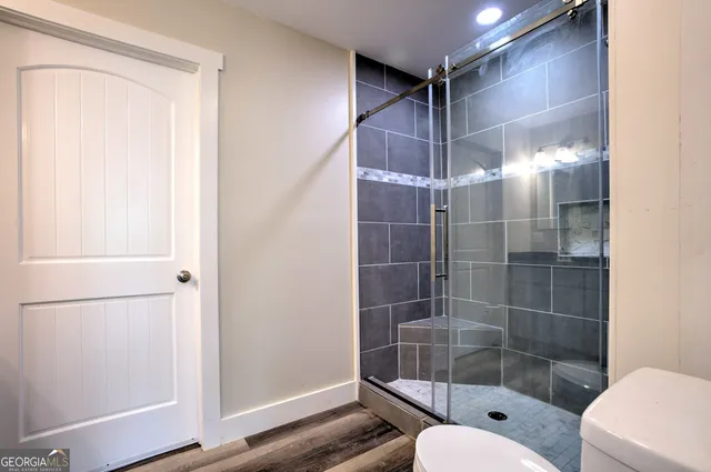 a bathroom with a shower and toilet