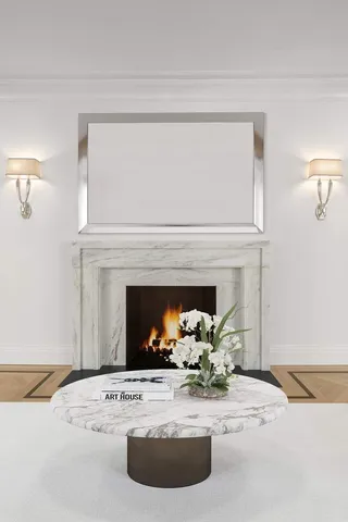 a view of living room with furniture and a fireplace