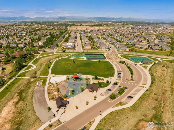 an aerial view of a swimming pool