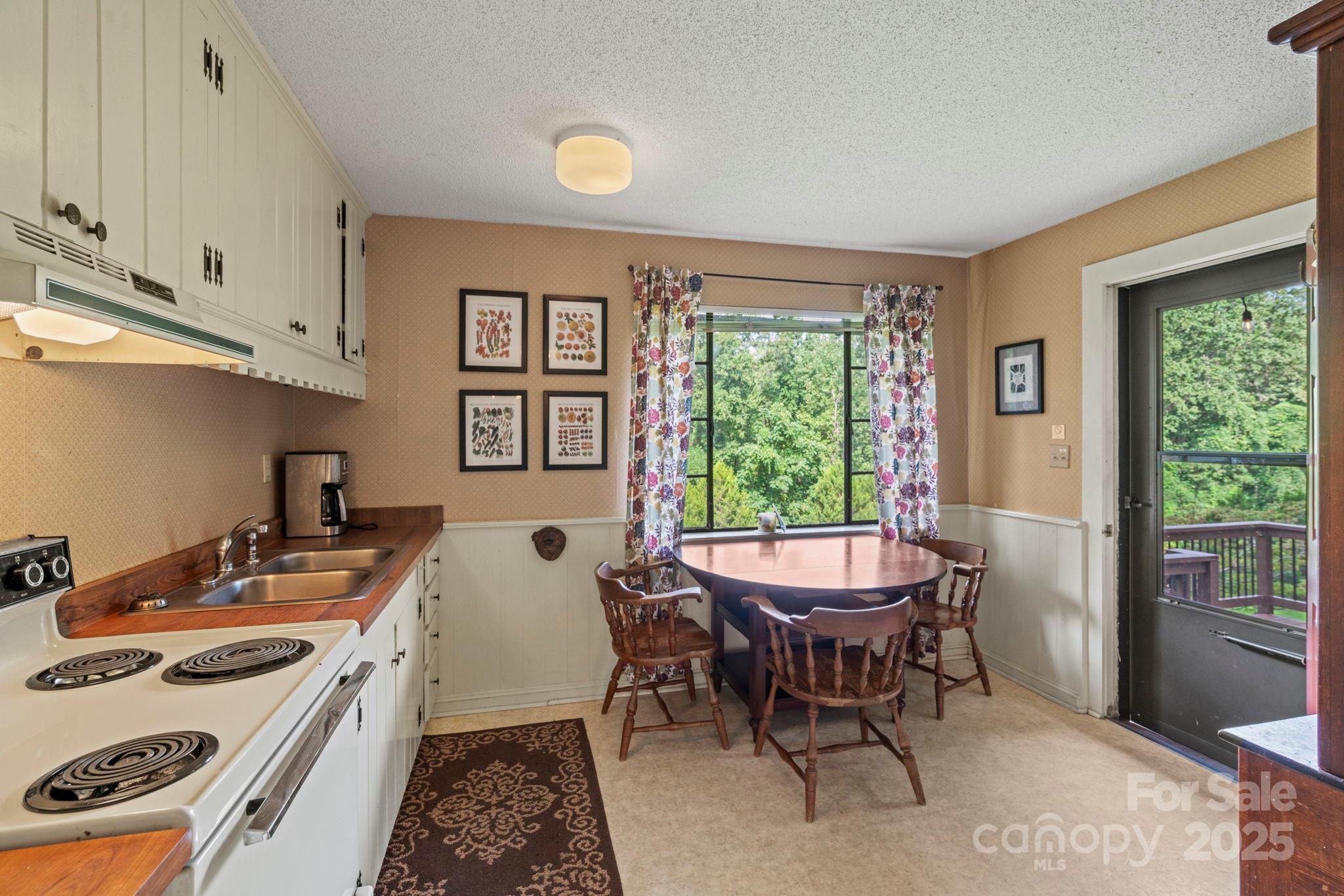 222 Stone Hedge Lane Tryon, NC 28782 - Photo 40 of 48 a kitchen with a stove a sink and a dining table
