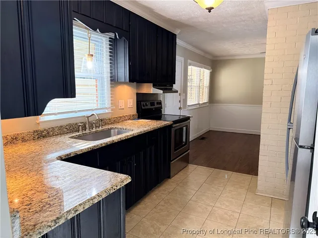 a kitchen with a sink stove and refrigerator