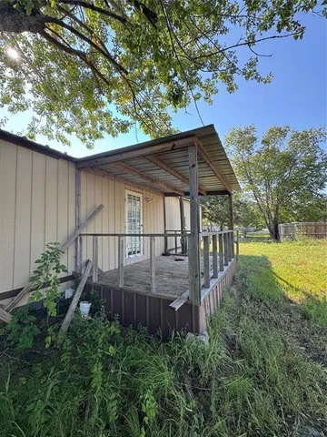 a view of a backyard with plants and large tree