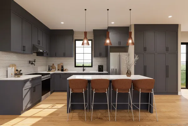 a large kitchen with a table and chairs in it