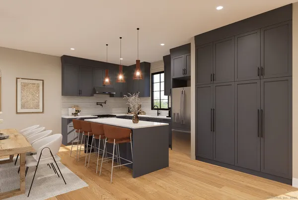 a kitchen with a table and chairs