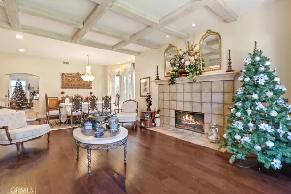 a living room with furniture a fireplace and a chandelier