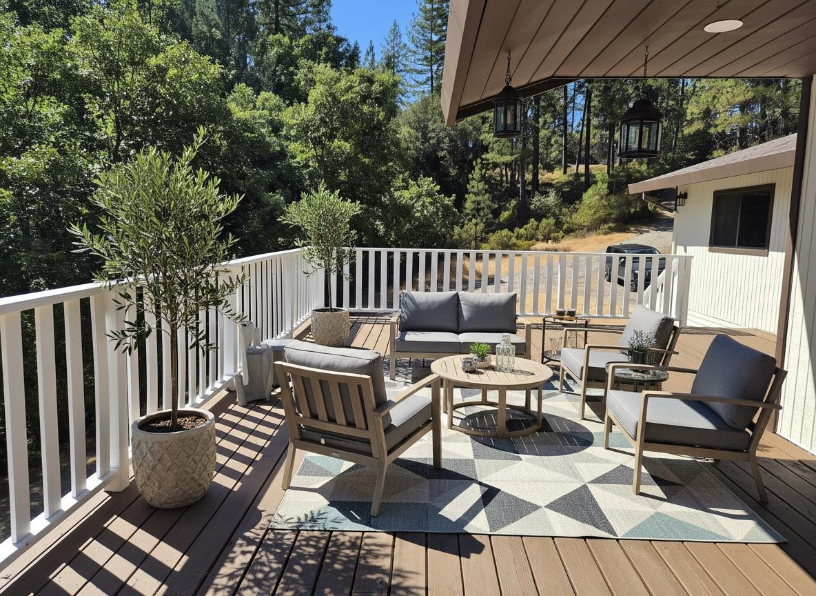 21640 Clute Canyon Road Volcano, CA 95689 - Photo 22 of 44 a view of balcony with wooden floor outdoor seating and yard in the back