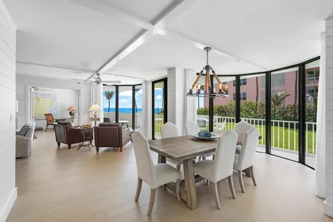 a view of a dining room with furniture window and outside view