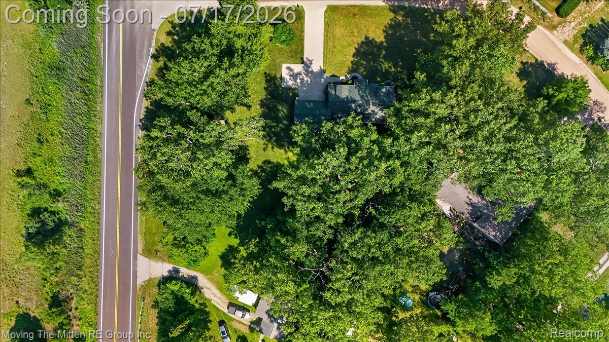 40162 Alden Road Belleville, MI 48111 - Photo 62 of 67 Aerial perspective showcasing a property surrounded by mature trees, with a paved road bordering the perimeter
