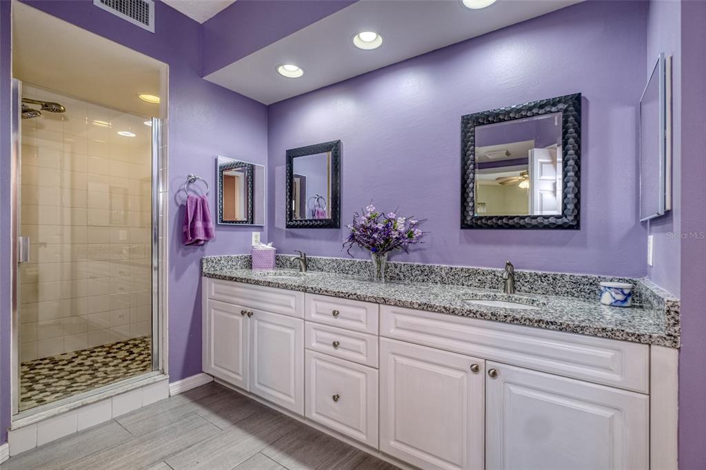 960 Starkey Road, Unit 1502 Largo, FL 33771 - Photo 17 of 36 a bathroom with a granite countertop sink a mirror a vanity and shower