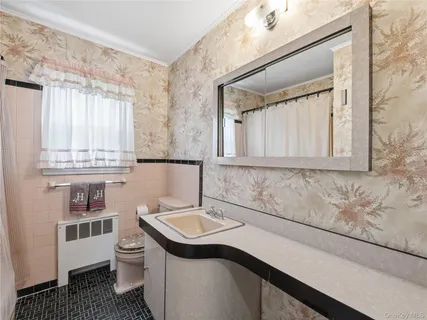 a bathroom with a sink a toilet and mirror