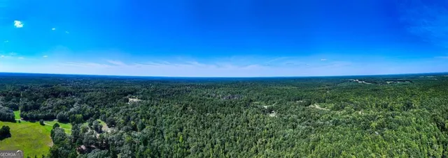 a view of a lush green outdoor space with a swimming pool and valleys in the background