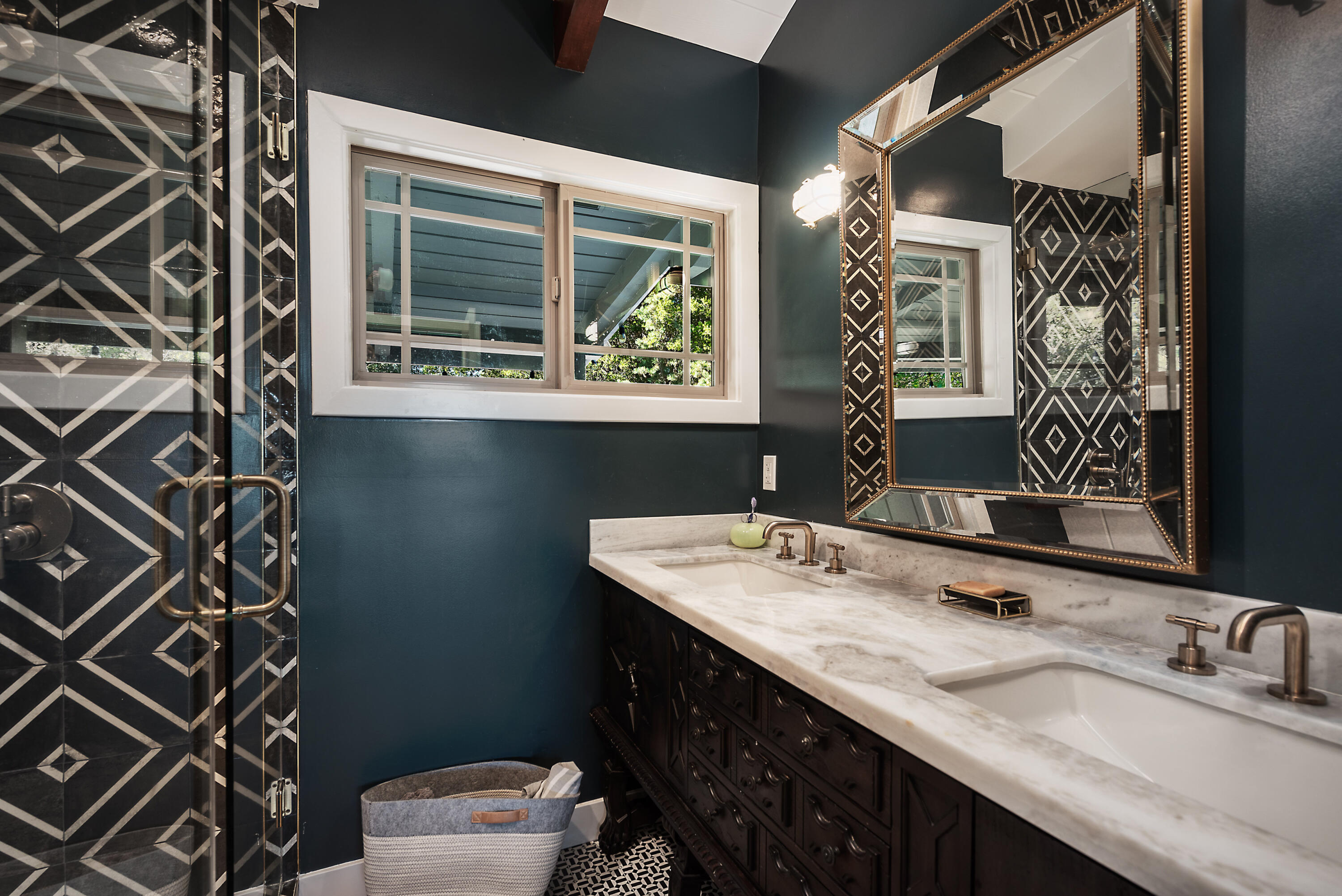 52421 Double View Drive Idyllwild, CA 92549 - Photo 14 of 73 a bathroom with a granite countertop sink and a mirror