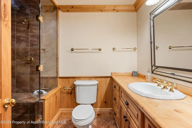 a bathroom with a sink a toilet and shower