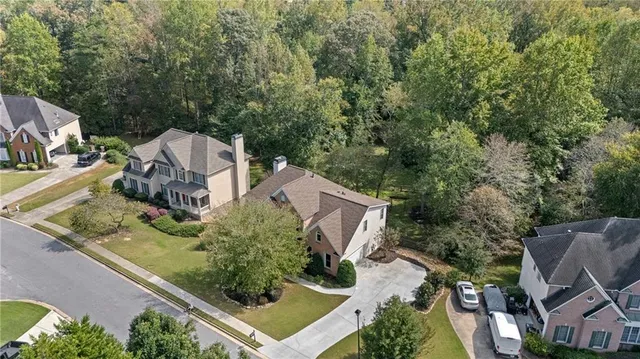 an aerial view of a house with a yard potted plants and large tree