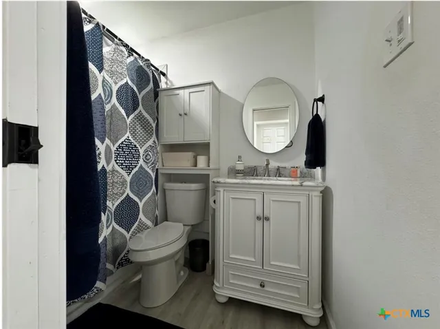 a bathroom with a toilet sink vanity and mirror