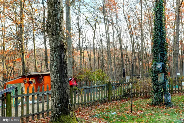 a wooden fence with large trees