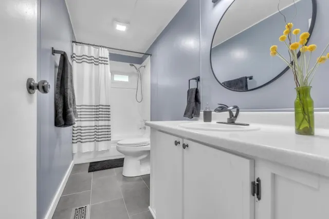 a bathroom with a sink a toilet and a mirror