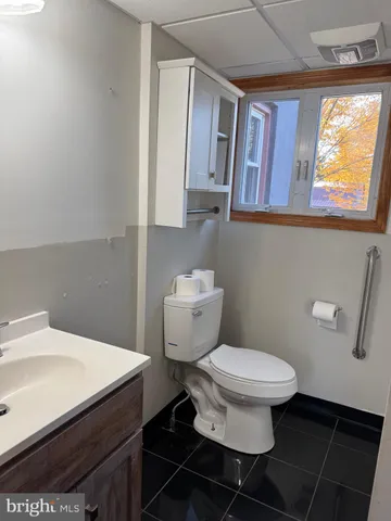 a bathroom with a sink a toilet and mirror