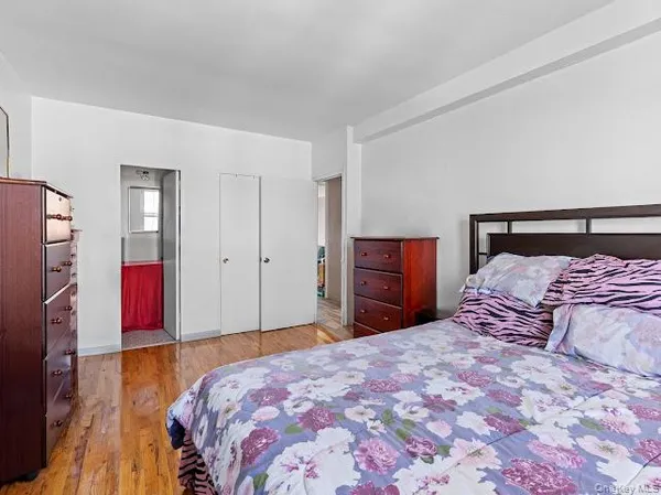 a bedroom with a large bed and a closet