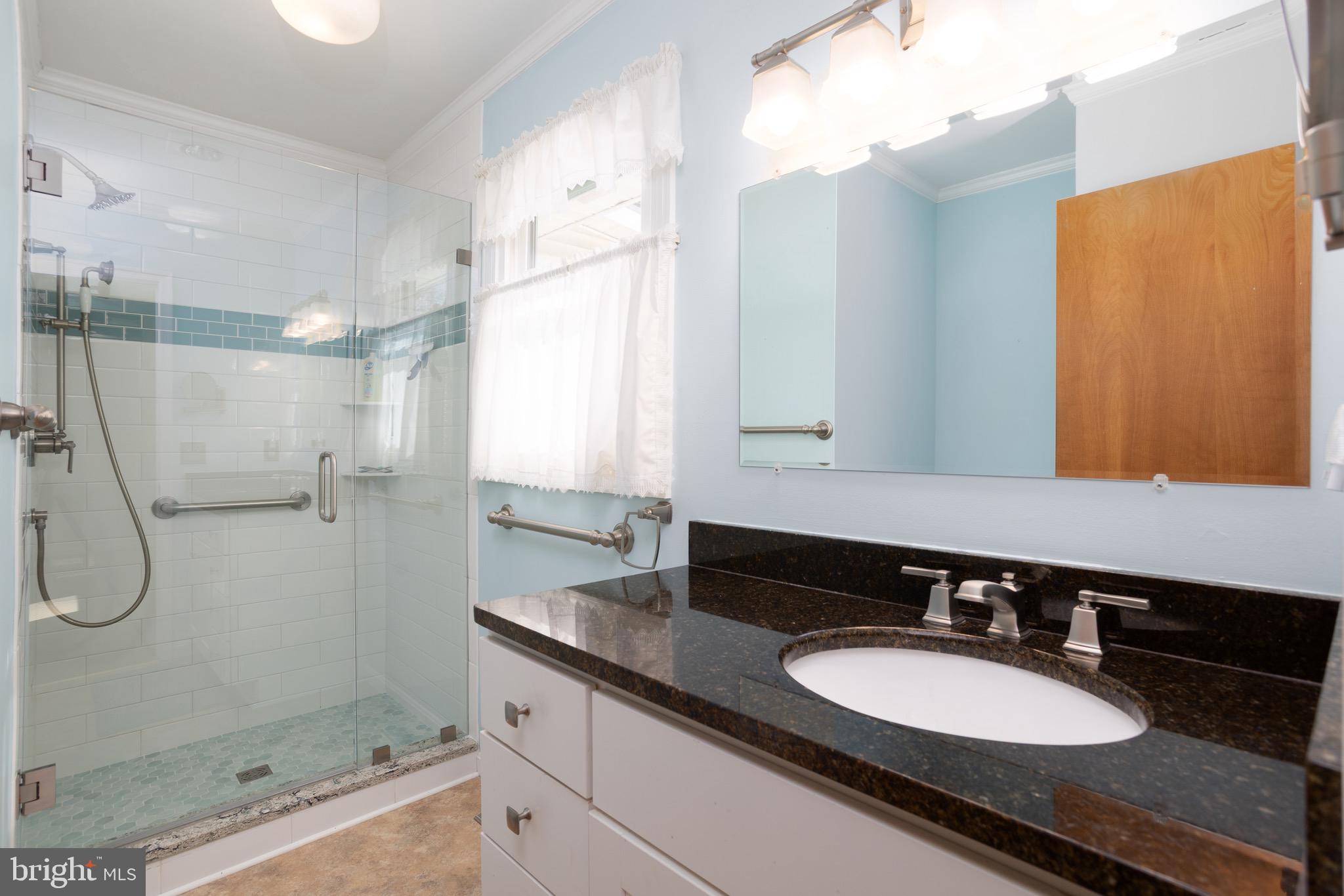 25999 Fox Grape Road Greensboro, MD 21639 - Photo 16 of 23 a bathroom with a granite countertop sink a mirror and a shower