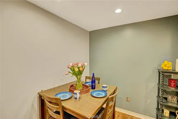 a view of a dining room with furniture