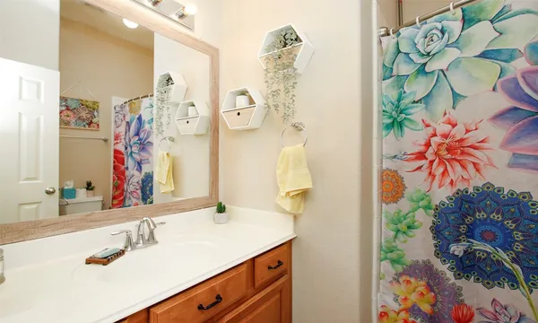 a bathroom with a sink and a mirror