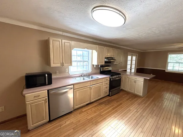 a kitchen with a sink wooden floor and stainless steel appliances