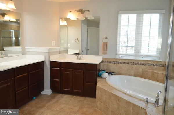a bathroom with a tub sink and mirror