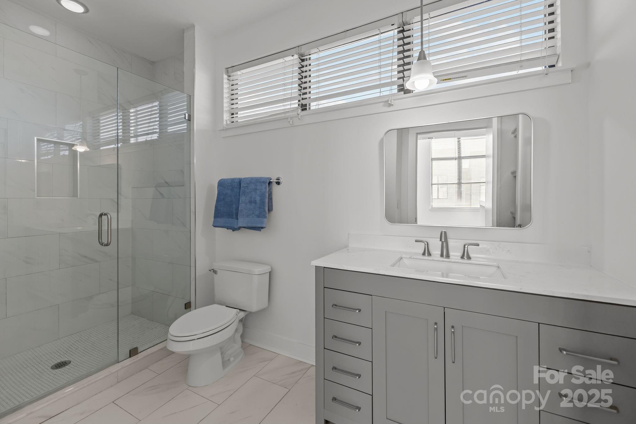 927 East 8th Street Charlotte, NC 28204 - Photo 19 of 35 a bathroom with a toilet sink vanity and mirror