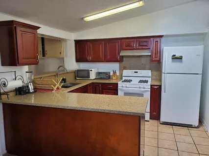 a kitchen with a sink a stove and a refrigerator