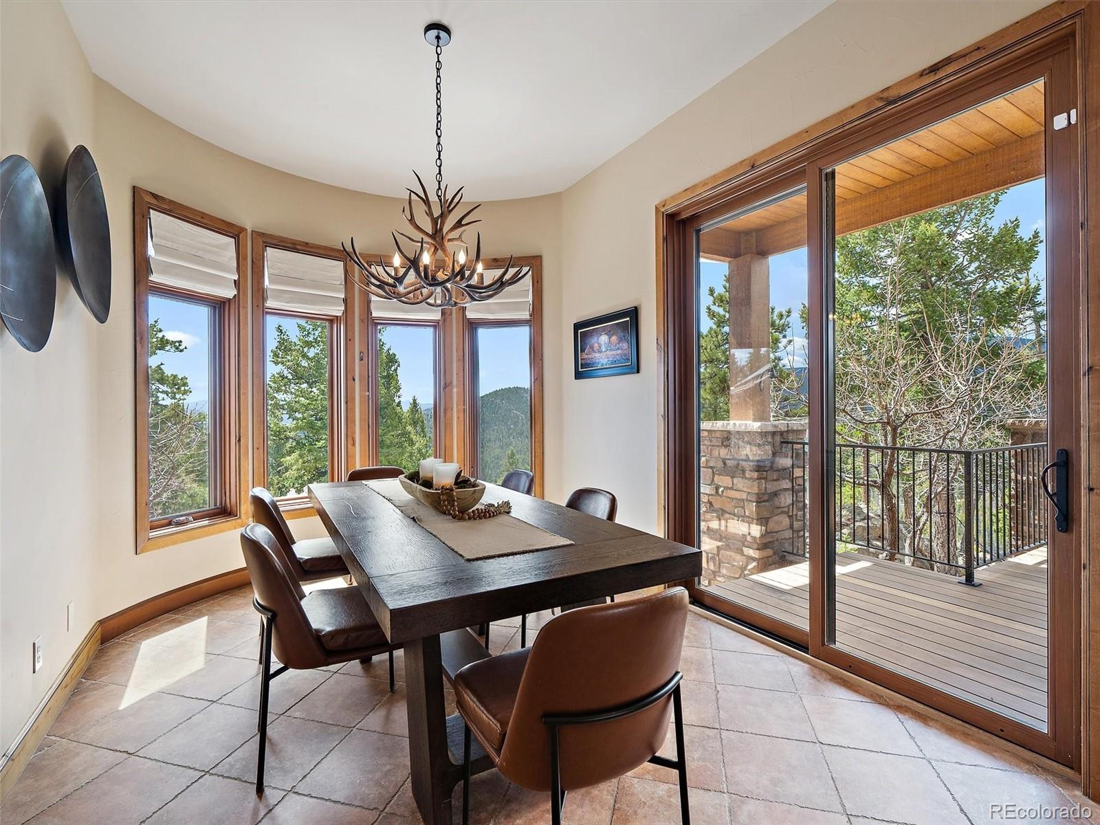 32024 Snowshoe Road Evergreen, CO 80439 - Photo 15 of 50 a view of a dining room with furniture large windows and wooden floor