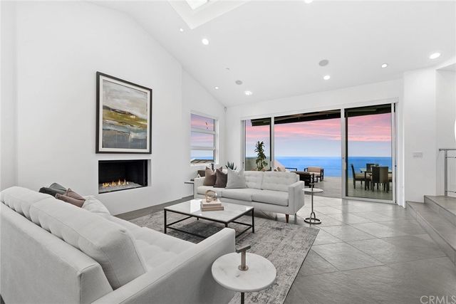 a living room with furniture a fireplace and a floor to ceiling window