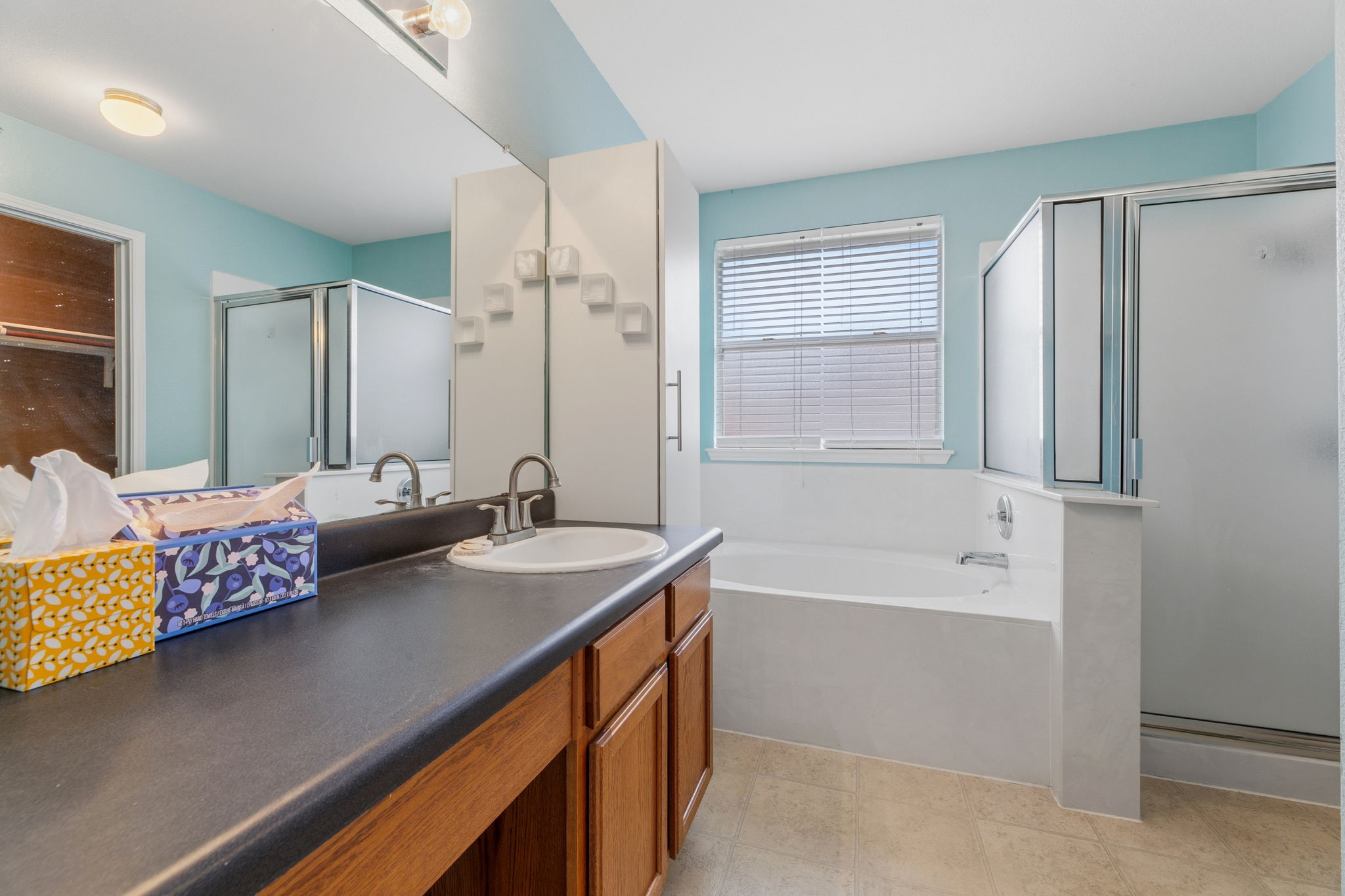 12601 Waynespur Lane Elgin, TX 78621 - Photo 29 of 38 Functional bathroom featuring a deep soaking tub and a separate shower for convenience.