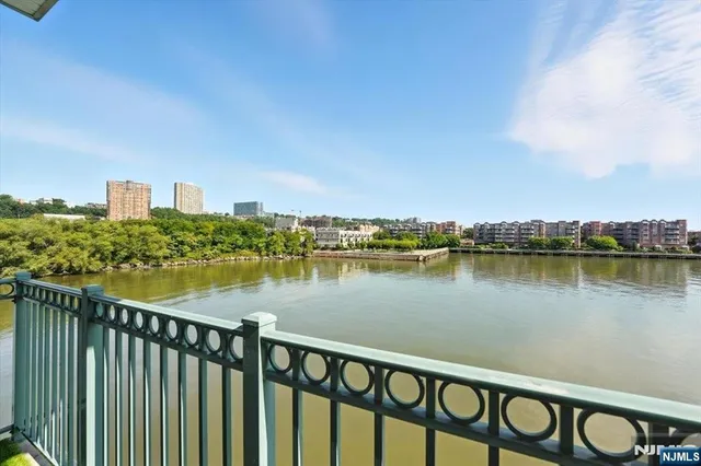a view of a lake with a city skyline in the background