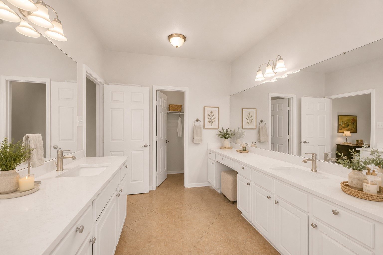 12528 Labrador Cove Austin, TX 78729 - Photo 28 of 40 This spacious primary bathroom combines luxury and functionality with dual quartz vanities, extensive cabinetry, a dedicated makeup station, and an abundance of counter space. Virtually staged in a light Pottery Barn-inspired style, the room features soft neutral décor, woven textures, botanical artwork, elegant accessories, fresh greenery, and spa-like accents that enhance its bright, airy feel. The thoughtful staging highlights the bathroom’s impressive scale, abundant storage, and relaxing retreat-like atmosphere. Photo has been virtually staged to illustrate the room’s design potential; actual property is unfurnished.