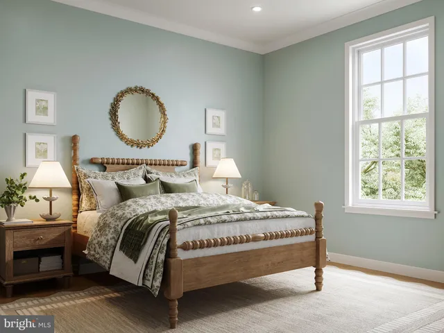a bedroom with bed and wooden floor