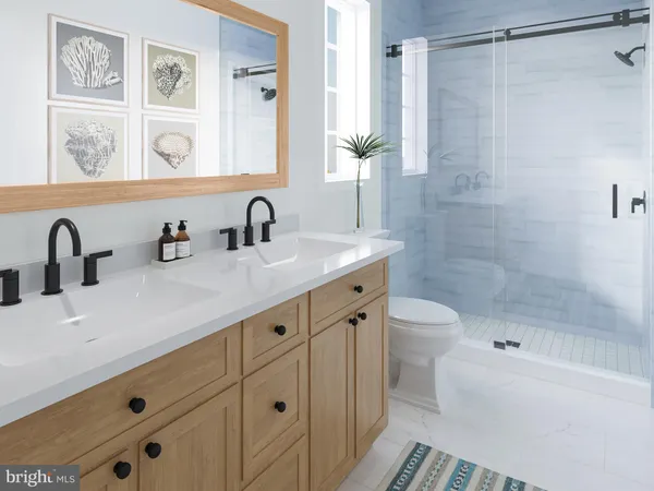 a bathroom with a granite countertop sink a mirror a shower and a bathtub