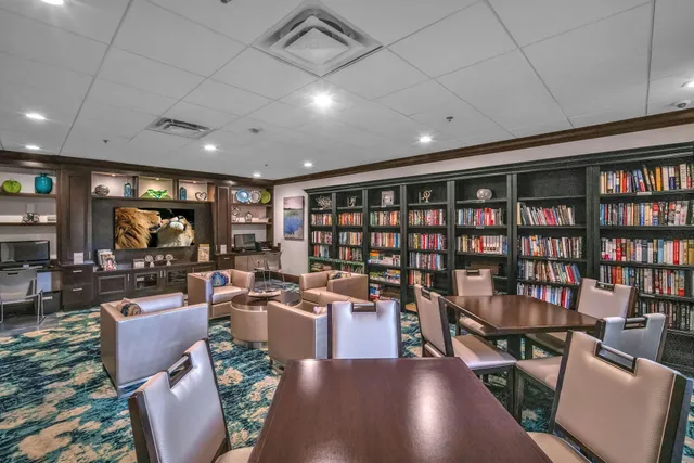 a living room with lots of furniture and a book shelf