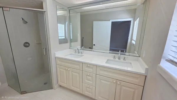 a bathroom with double vanity sink and mirror