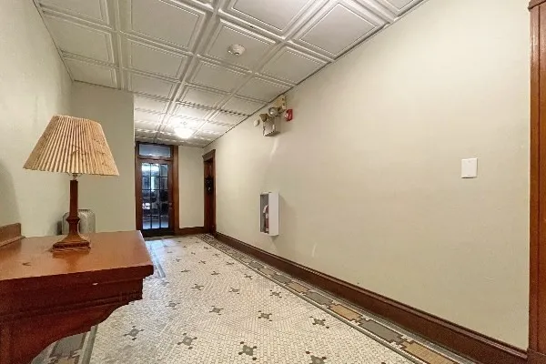 a room with a table and a chair