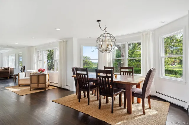a view of a dining room with furniture window and outside view