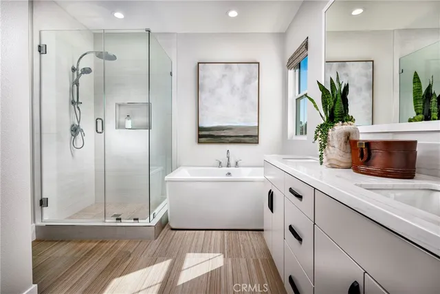 a bathroom with a double vanity sink a large mirror a bathtub and shower