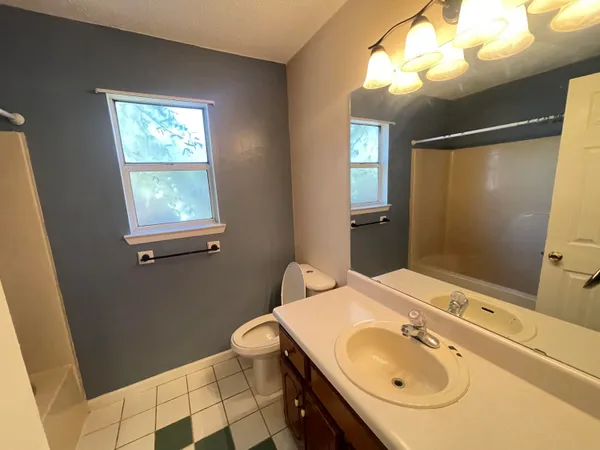 a bathroom with a sink a toilet and mirror