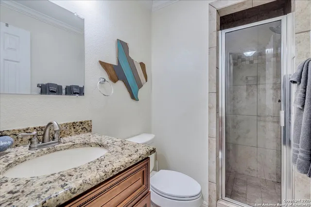 a bathroom with a granite countertop sink a toilet and shower