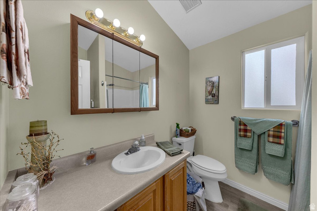 2990 East Riverside Drive, Unit 166 St. George, UT 84790 - Photo 13 of 22 Full bath featuring vanity, dark wood finished floors, curtained shower, and lofted ceiling