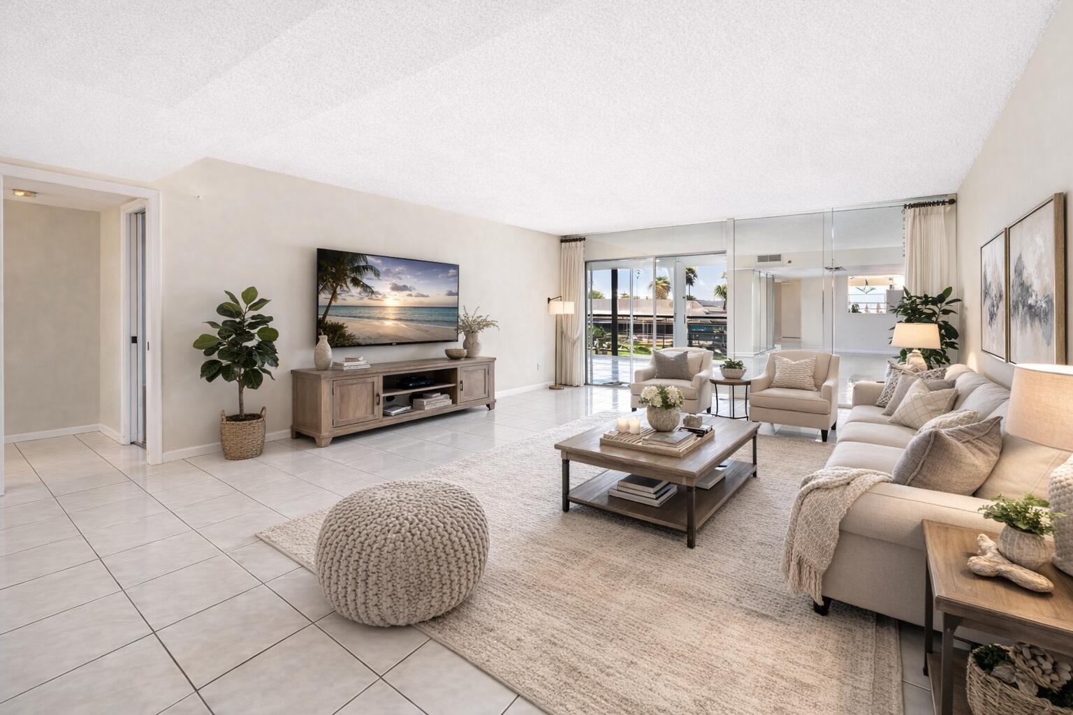 9220 Southwest 14th Street, Unit 3208 Boca Raton, FL 33428 - Photo 4 of 43 a living room with furniture and a flat screen tv