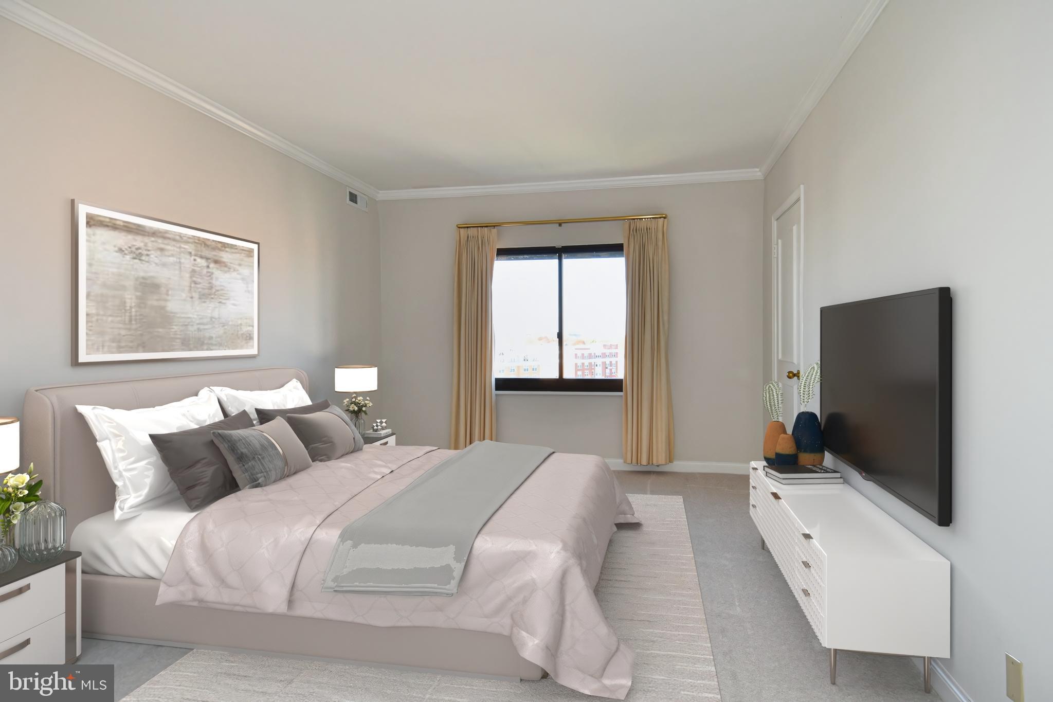 1250 South Washington Street, Unit 816 Alexandria, VA 22314 - Photo 19 of 58 a bedroom with a bed and a flat screen tv